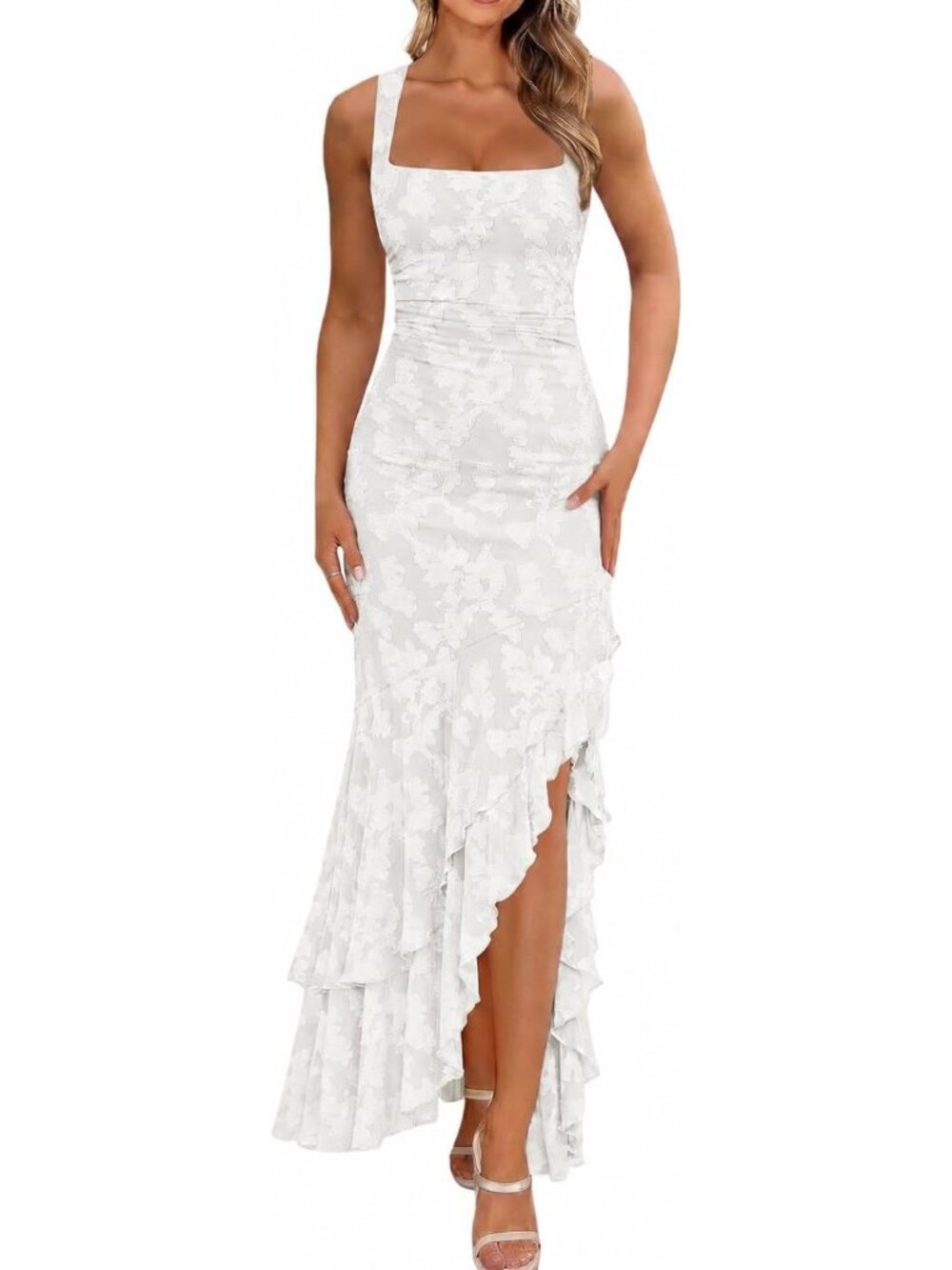 Women's White Elegant Ruched Floral Maxi Wedding Guest Cocktail Formal Dress